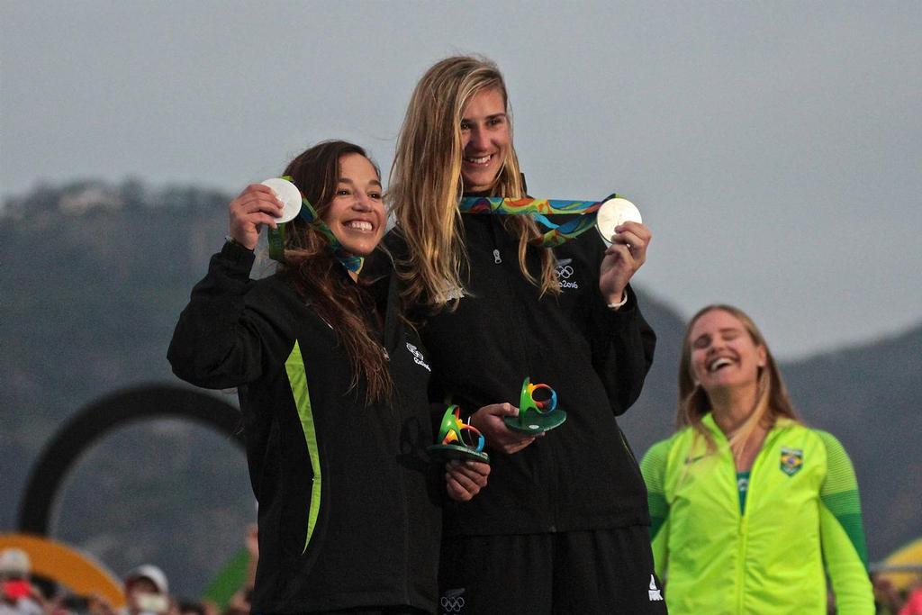 Alex Maloney and Molly Meech with their Silver Medals  - Womens 49erFX Medal Race - 2016 Olympics © Richard Gladwell www.photosport.co.nz